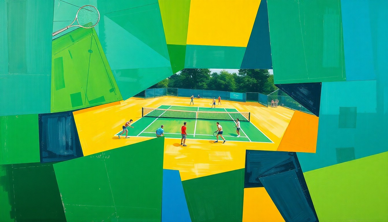 A cubist-style painting depicting a college tennis match, with the court, players, and ball broken down into sharp, overlapping geometric shapes in vibrant colors, conveying the dynamic energy and competitive spirit of the event.