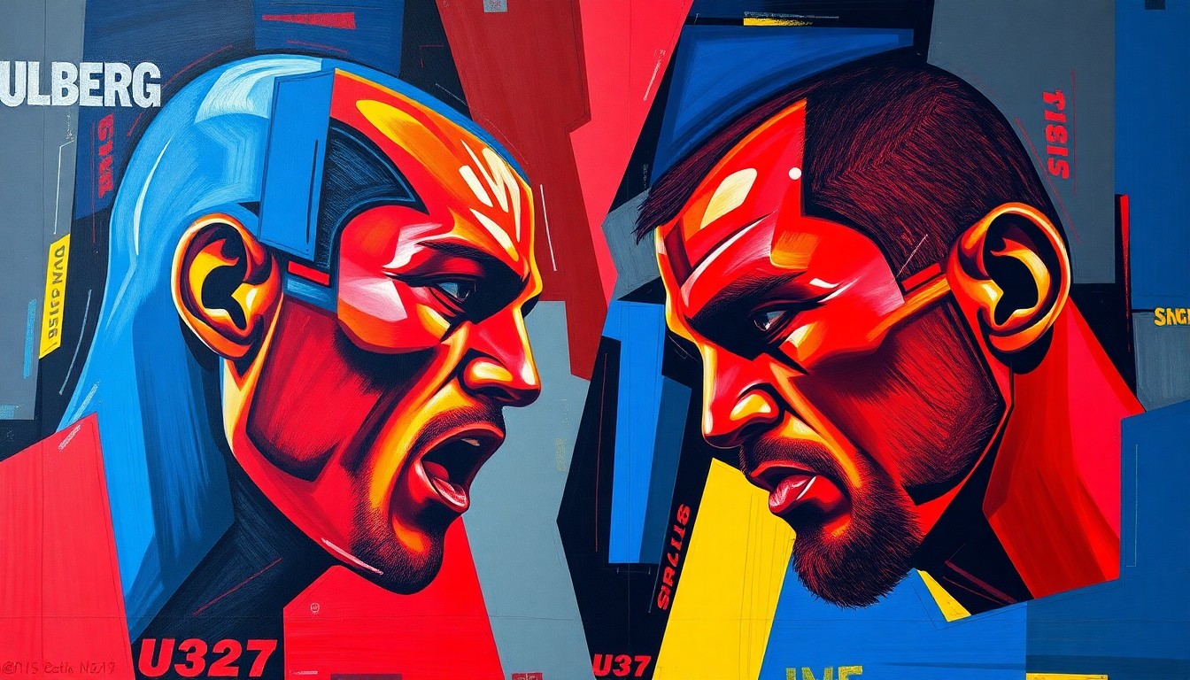A fragmented, geometric painting depicting the UFC 327 light heavyweight title fight between Carlos Ulberg and Jiri Prochazka, with sharp planes of color and movement capturing the raw energy and unpredictability of the match.