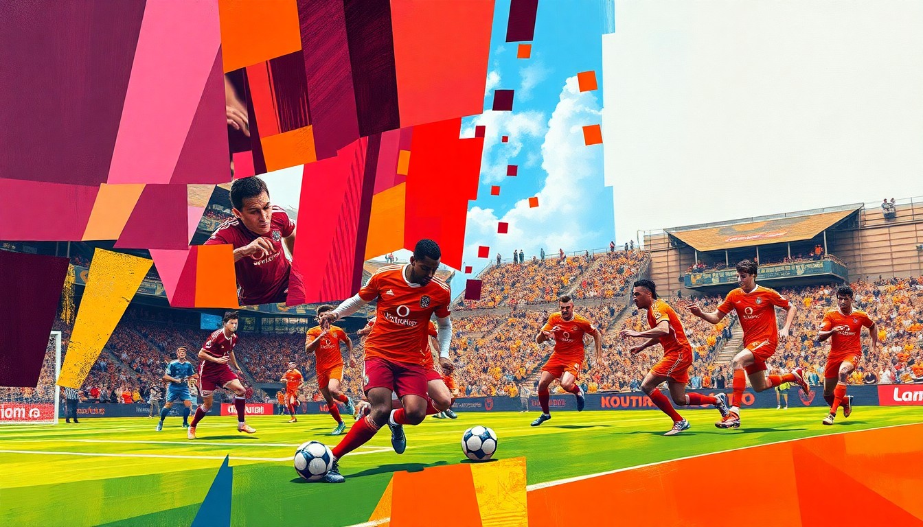 A fractured, geometric painting in bold colors depicting a soccer match between two teams, with the players and ball broken down into sharp, overlapping planes, conveying the intensity and movement of the game.