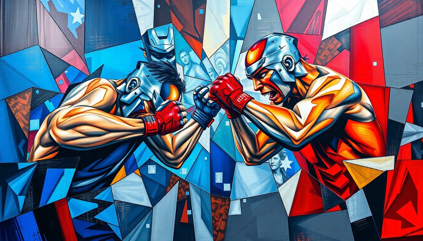 A fractured, cubist-style painting depicting an abstract MMA fight or competition, with sharp geometric shapes and planes in vibrant colors, conceptually representing the changing dynamics of the sport.
