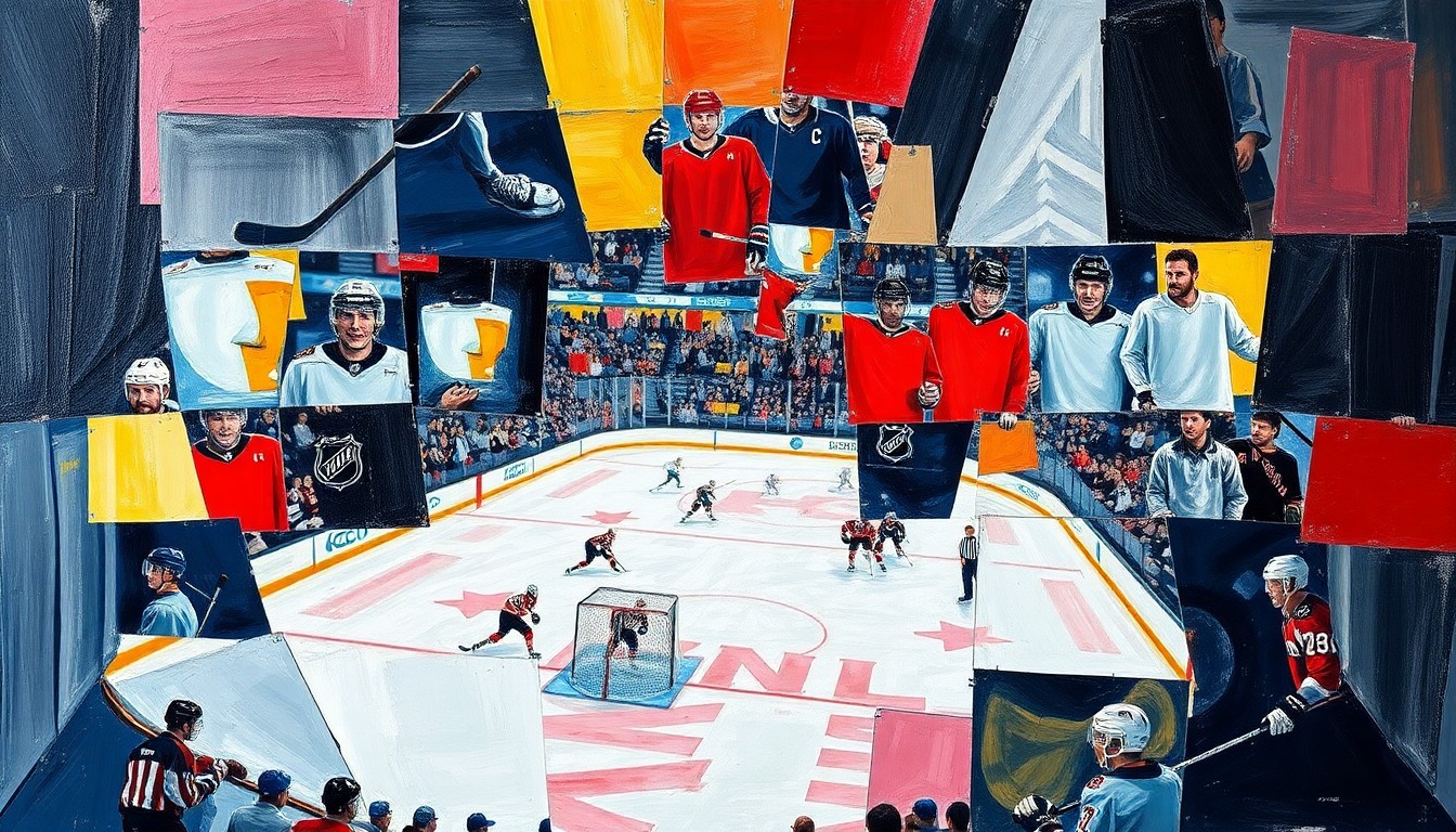A cubist, geometric painting depicting the dynamic movements and energy of an NHL hockey game, with players and the puck fragmented into overlapping angular shapes and planes.
