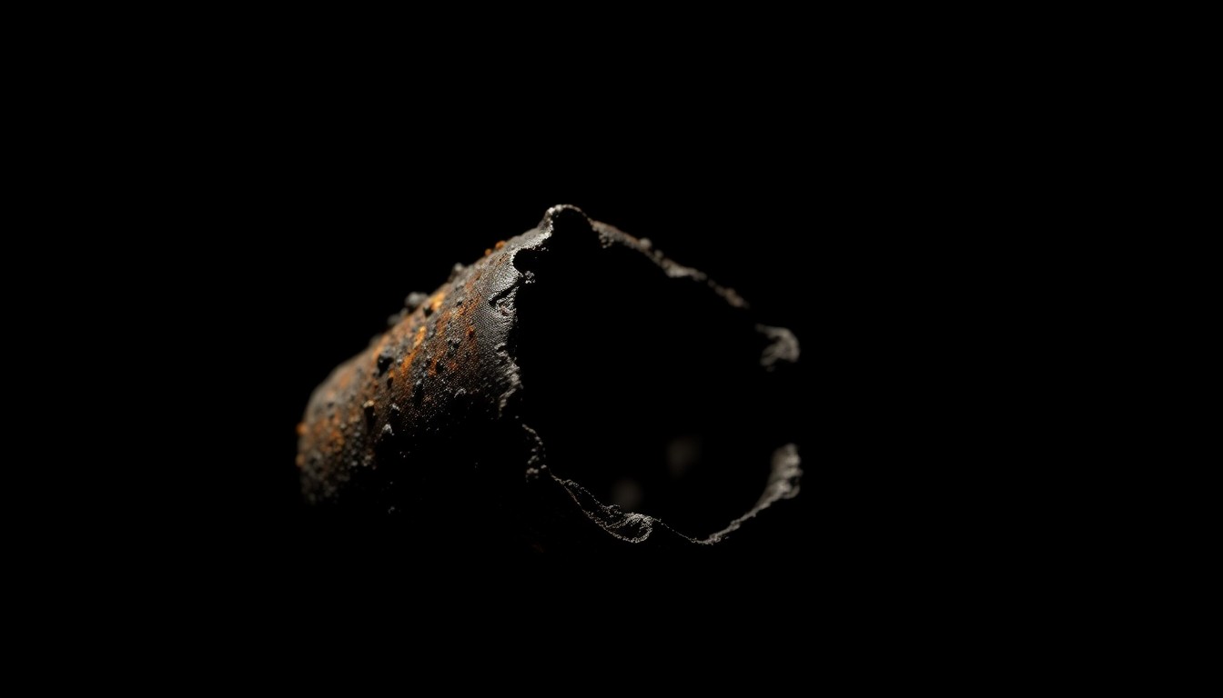 An extreme close-up of a charred, twisted metal object from the warehouse fire, capturing the stark, gritty aftermath of the blaze through dramatic lighting and a minimalist composition.