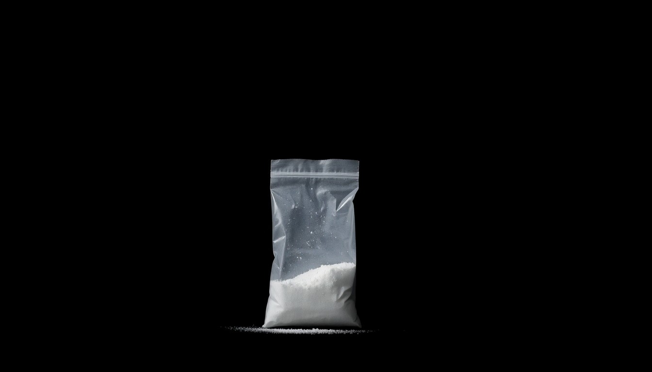 An extreme close-up of a small plastic bag containing white powder, dramatically lit by a harsh flash against a pitch-black background, conceptually illustrating the dangerous world of illegal drug dealing.