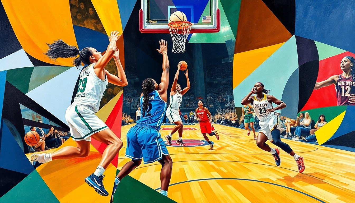 A fractured, cubist-style painting depicting the abstract forms of WNBA players in motion, representing the intensifying competitive landscape of the league.