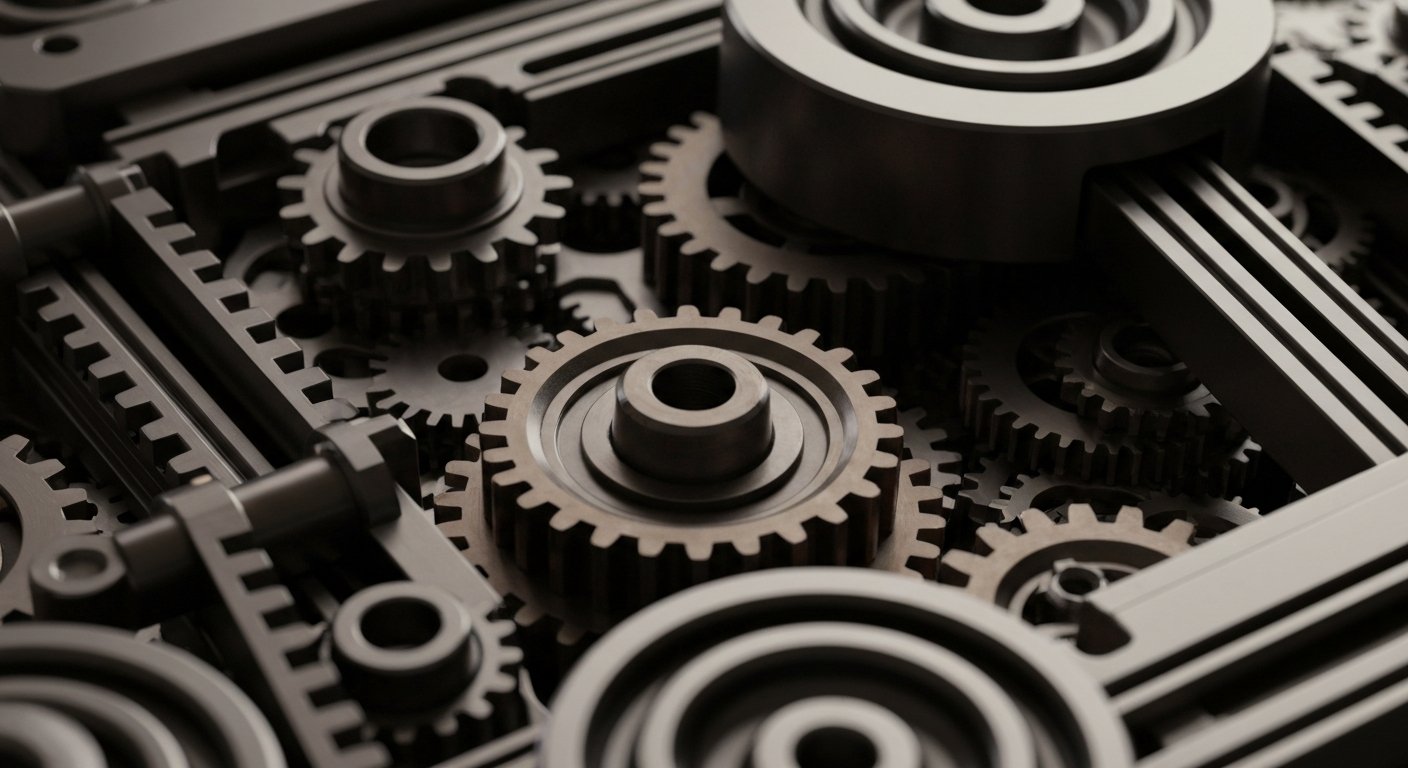 An extreme close-up of industrial machinery components in shades of grey, bronze, and black, conveying the complex, high-stakes nature of the biotech industry without using any text or identifiable elements.