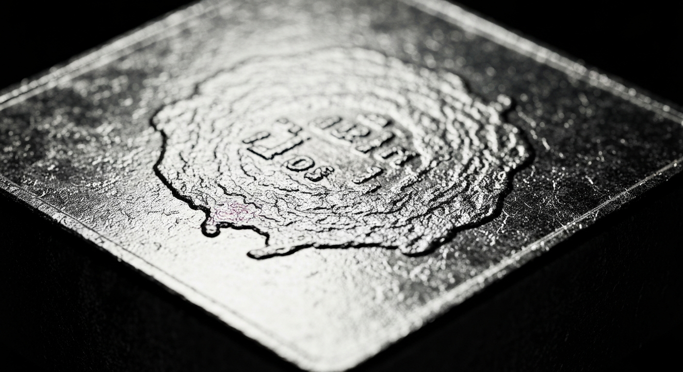 An extreme close-up of a highly detailed, textured silver bullion bar or coin, reflecting the complex dynamics of the precious metals market.