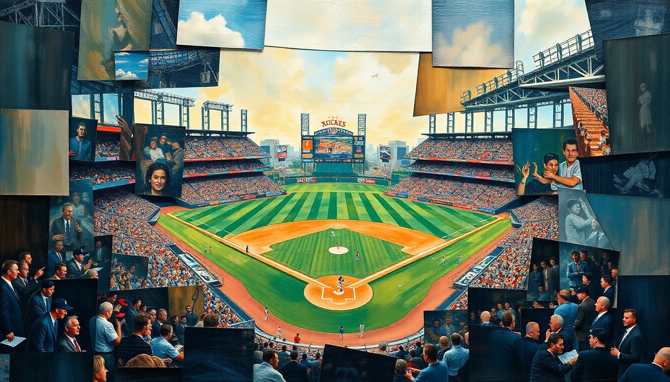 A cubist, geometric painting depicting various baseball actions and players, with sharp, overlapping planes of color and form capturing the dynamic nature of the sport.