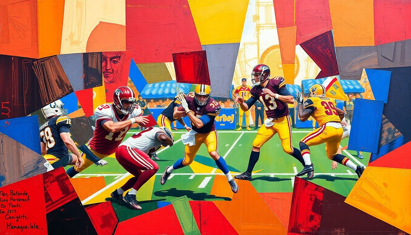 A fragmented, geometric painting depicting a football player in motion, with sharp planes of color and overlapping perspectives, conveying the multifaceted nature of an athlete's journey back to the game.