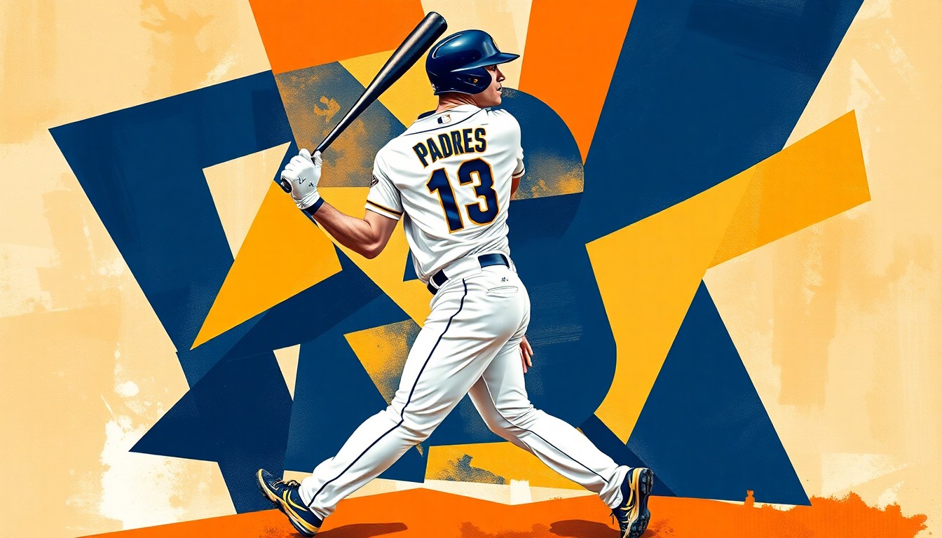 A cubist, geometric painting depicting a baseball player in the act of batting or fielding, with sharp overlapping planes of navy blue, sand, and orange colors representing the Padres' team palette.