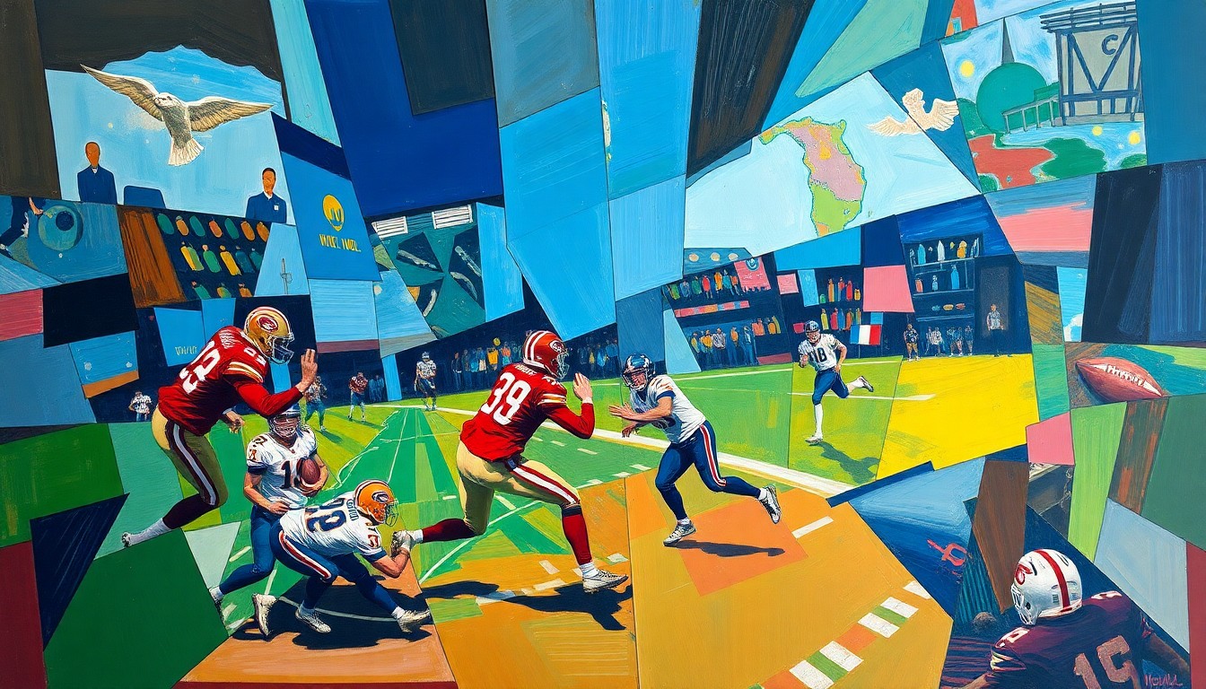 A fractured, cubist-style painting depicting a quarterback in motion, with sharp, overlapping geometric shapes and planes in vibrant colors representing the multifaceted nature of the recruitment process.