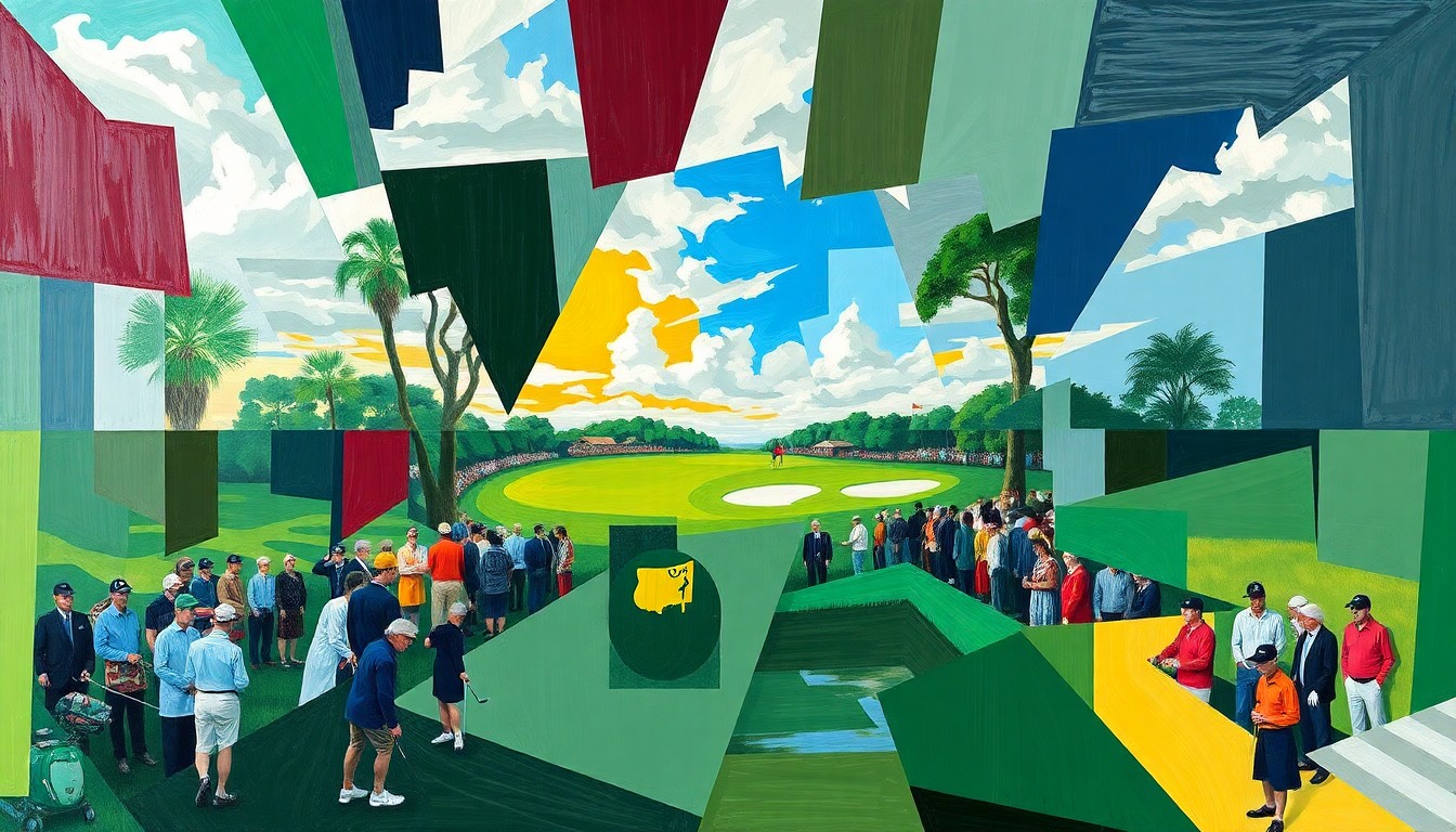 A fractured, cubist-style painting depicting a golf tournament scene broken down into sharp, overlapping geometric shapes and planes, conveying the contrast and tension between the old and new in the sport.