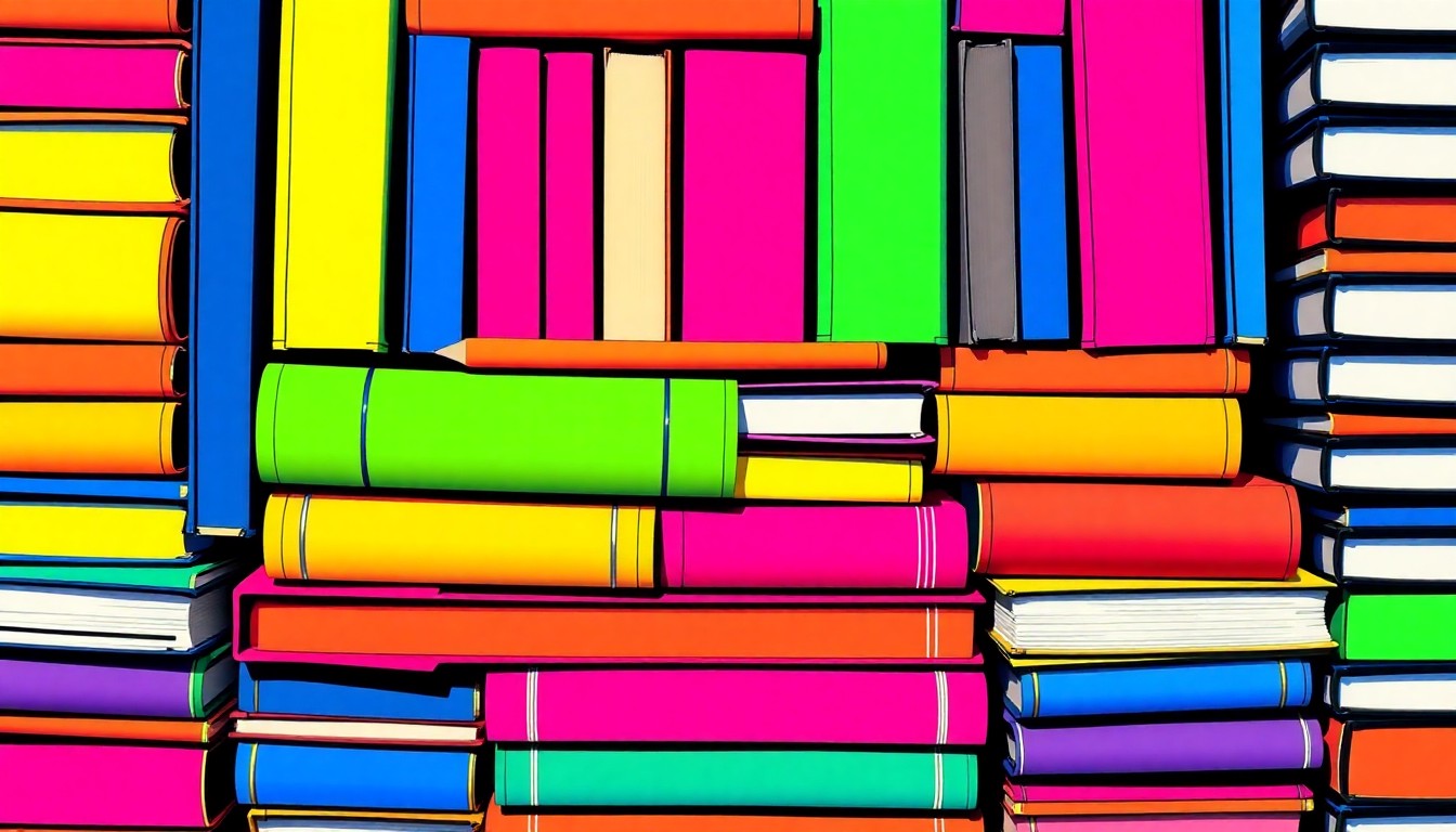 A bold, colorful silkscreen print featuring a repeating grid of textbooks in neon shades of pink, blue, and green, conceptually representing the students' passionate advocacy for their teachers and the school's future.