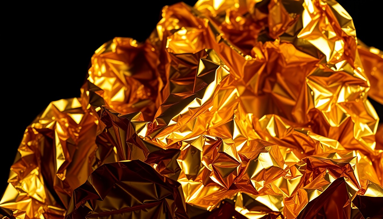 An abstract close-up photograph of shimmering, crumpled gold foil under dramatic studio lighting, conveying the glamour and impact of a comedian's charitable donation.