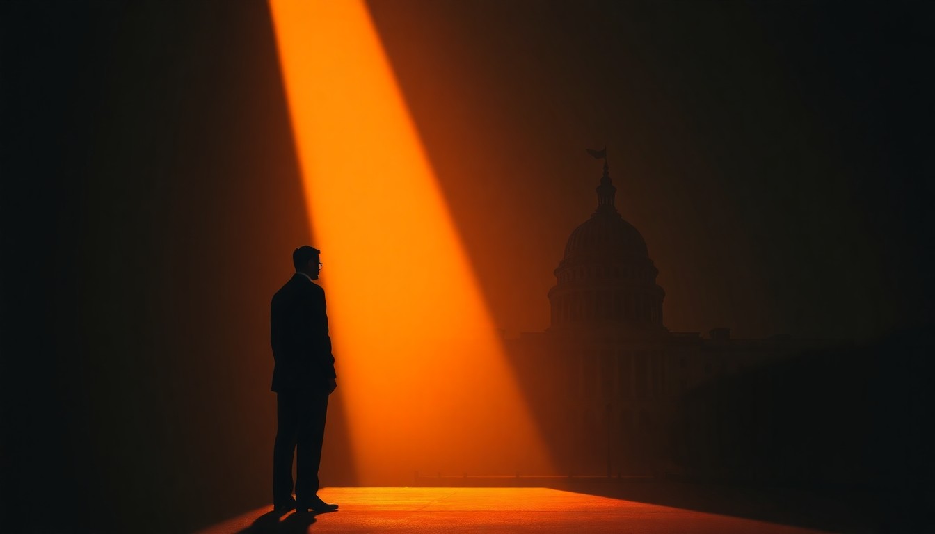 A cinematic painting depicting a solitary government building or political figure in warm, diagonal sunlight and deep shadows, conceptually representing the fragile political dynamics surrounding ceasefire negotiations in the Levant.