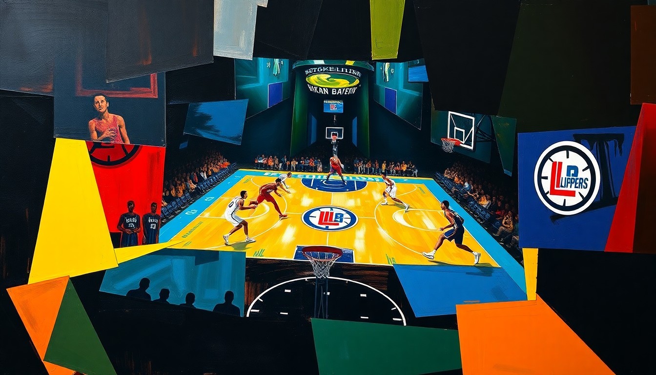 A fractured, cubist-style painting depicting a basketball game, with the players and court broken down into sharp, overlapping geometric shapes and planes in vibrant colors against a dark background, capturing the dynamic energy and contrasting fortunes of the two teams.
