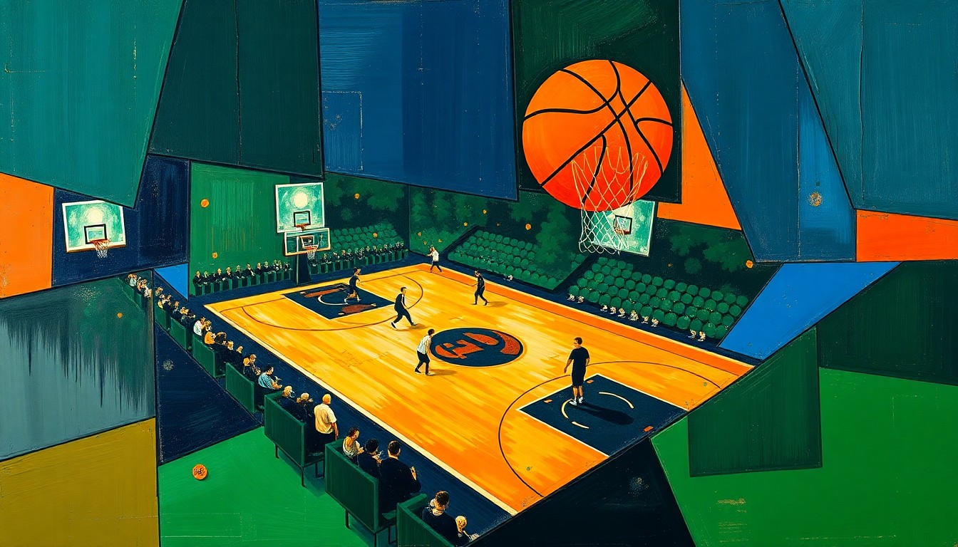 A fragmented, geometric painting in shades of blue, green, and orange, depicting a basketball game broken down into sharp, overlapping planes, representing the multifaceted nature of the controversy surrounding the NBA's Pride Month and the personal beliefs of its players.