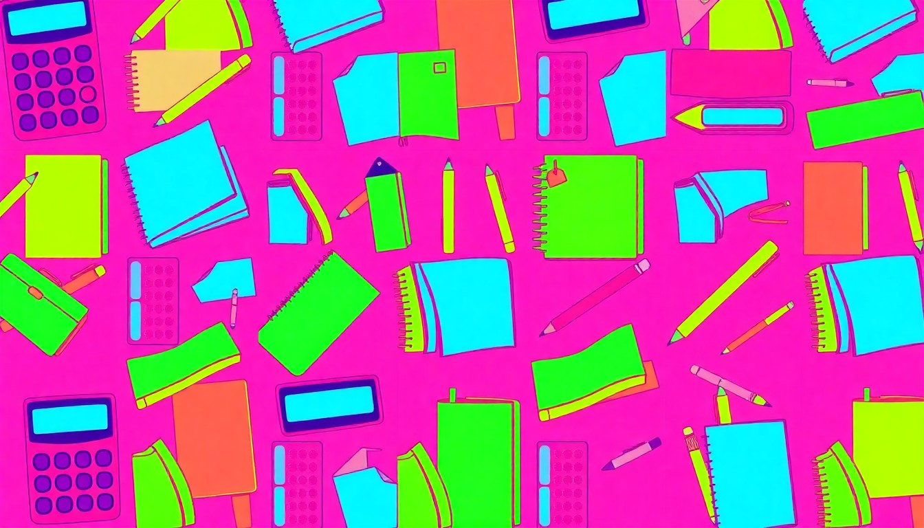 A brightly colored, high-contrast silkscreen print of a calculator repeated in a tight grid pattern, representing the iconic tools of financial management in a public school system.