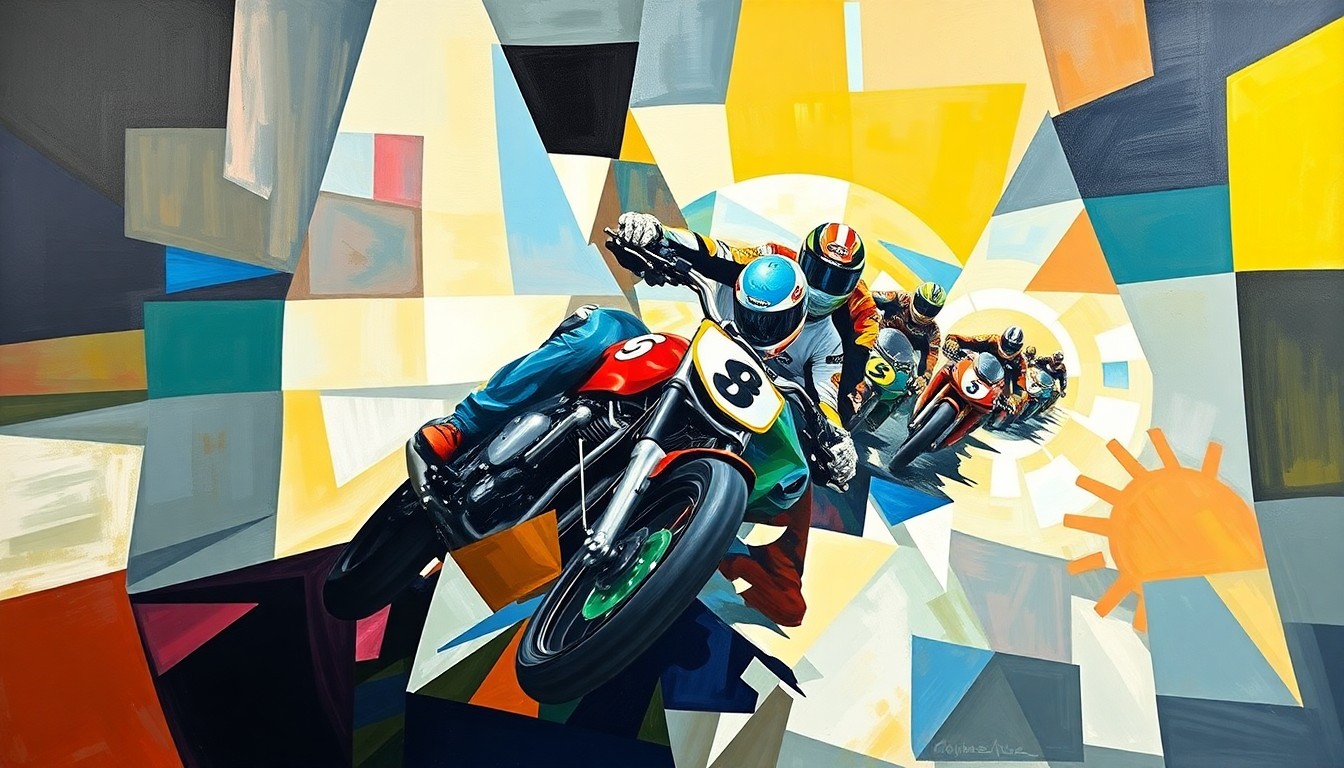 A cubist-style painting depicting a motorcycle race or competition, with the riders and bikes broken down into sharp, overlapping geometric shapes and planes, conveying the fragmented and multi-perspective nature of the sport.