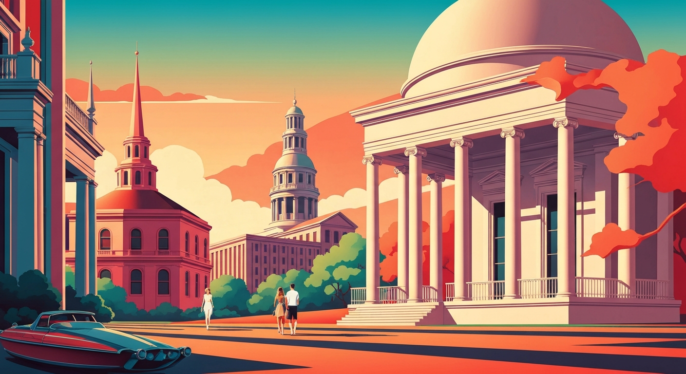 A highly stylized, geometric illustration in the Art Deco style, depicting sweeping landscapes and towering architectural forms in vibrant colors, capturing the grand scale and romantic essence of travel through the Southern United States.