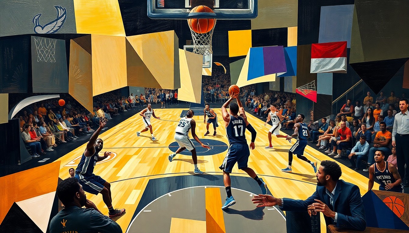 A cubist-style painting depicting the basketball game between the New Orleans Pelicans and San Antonio Spurs, with the players' movements and the energy of the game captured through sharp, overlapping geometric shapes and planes.