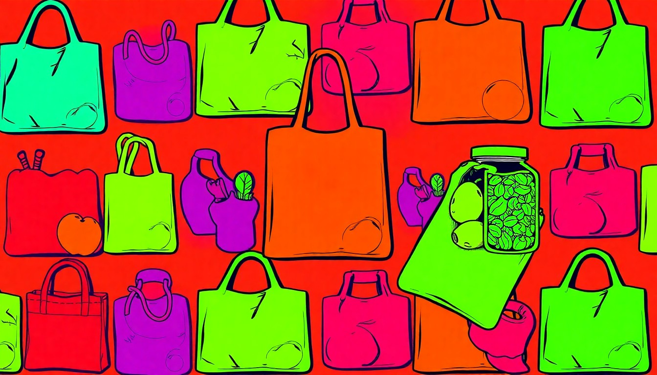 A highly stylized, abstract grid of brightly colored, silkscreen-like images of various organic grocery items, conceptually representing the community-driven ethos of a local natural foods co-op.