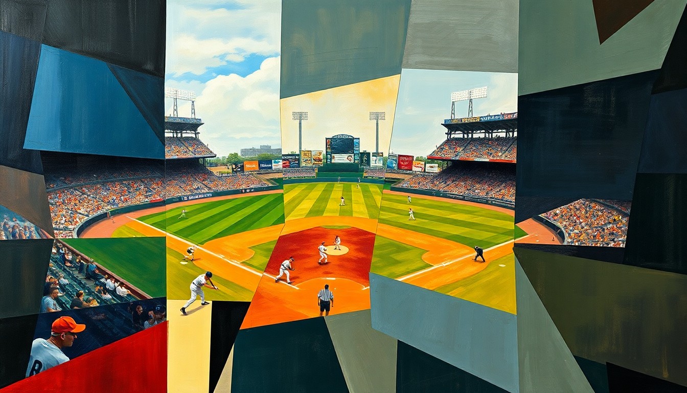 A fragmented, geometric painting in vibrant colors depicting a baseball game or match, with players and the field reduced to abstract shapes and planes, capturing the dynamic and shifting nature of the Royals' spring training trades.