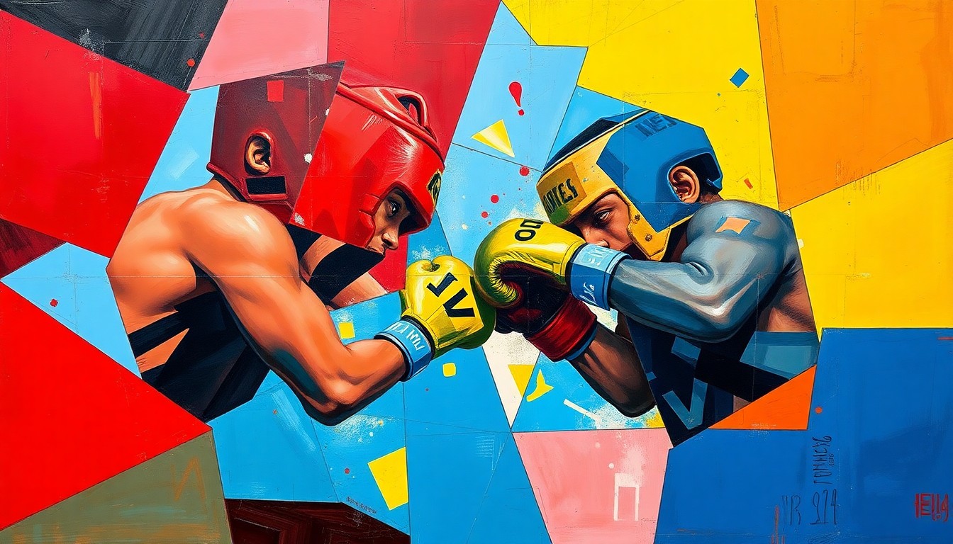 A cubist, geometric painting depicting the boxing match between Ellie Scotney and Mayelli Flores, with sharp, overlapping planes of vibrant red, blue, and yellow colors capturing the intensity and drama of the fight.