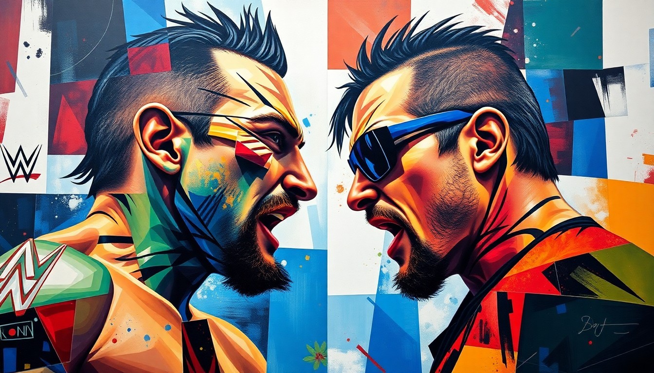 A cubist-style painting depicting a wrestling match between AJ Styles and CM Punk, with the figures broken down into sharp, overlapping geometric shapes in a vibrant color palette of blues, reds, and greens, conveying the dynamic and multifaceted nature of their relationship.
