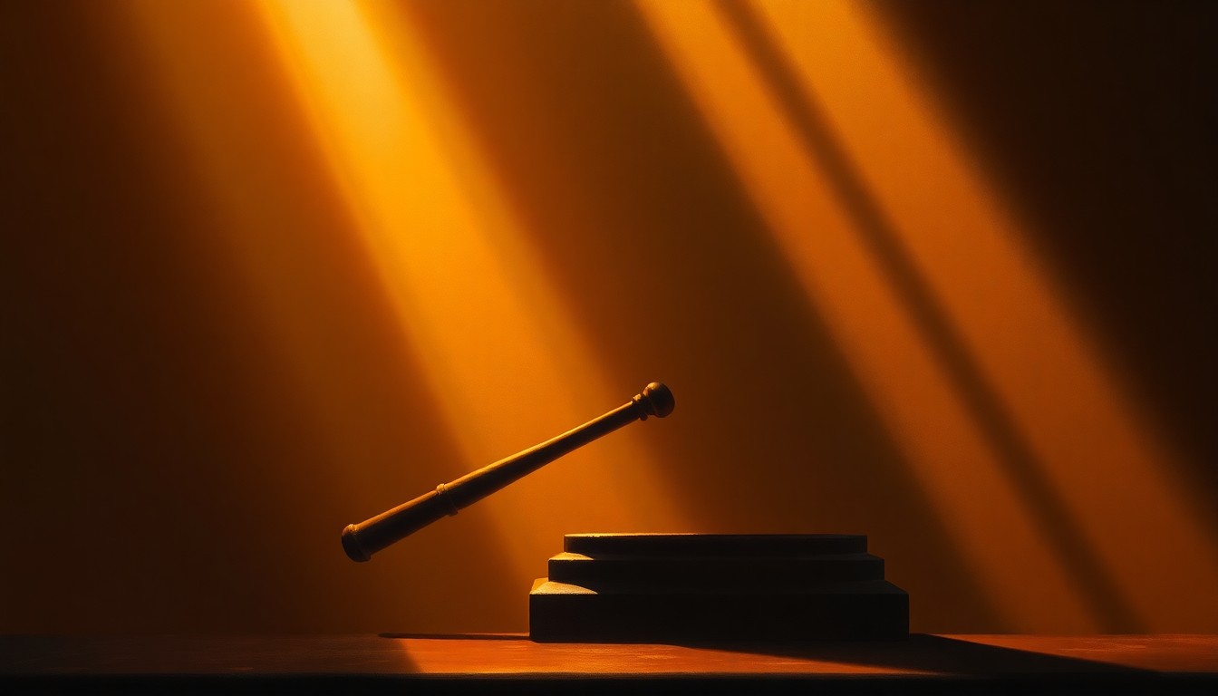 A dimly lit, cinematic painting depicting a solitary political object, such as a gavel or podium, bathed in warm, diagonal sunlight and deep shadows, conveying a sense of uncertainty and complexity surrounding the tariff refund process.