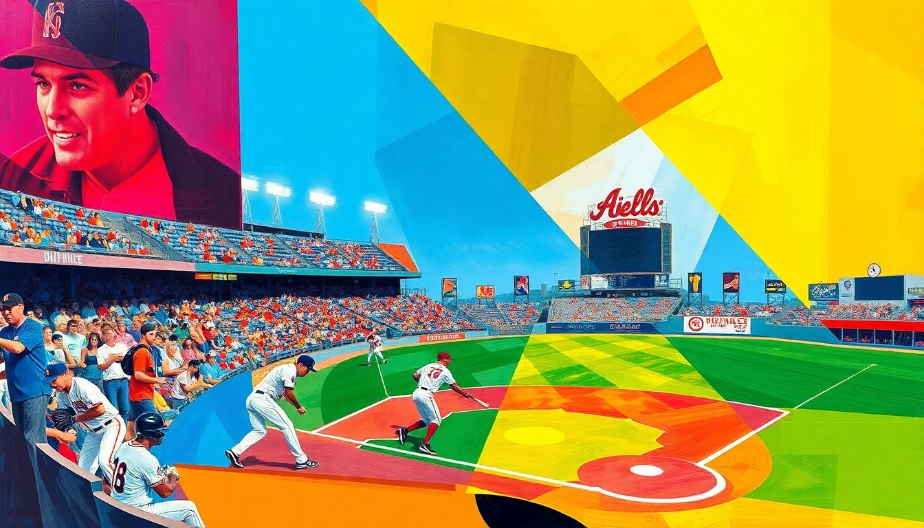 A cubist, fragmented painting depicting a baseball game, with sharp geometric shapes and planes in the team's colors creating a dynamic, energetic visual representation of the action on the field.