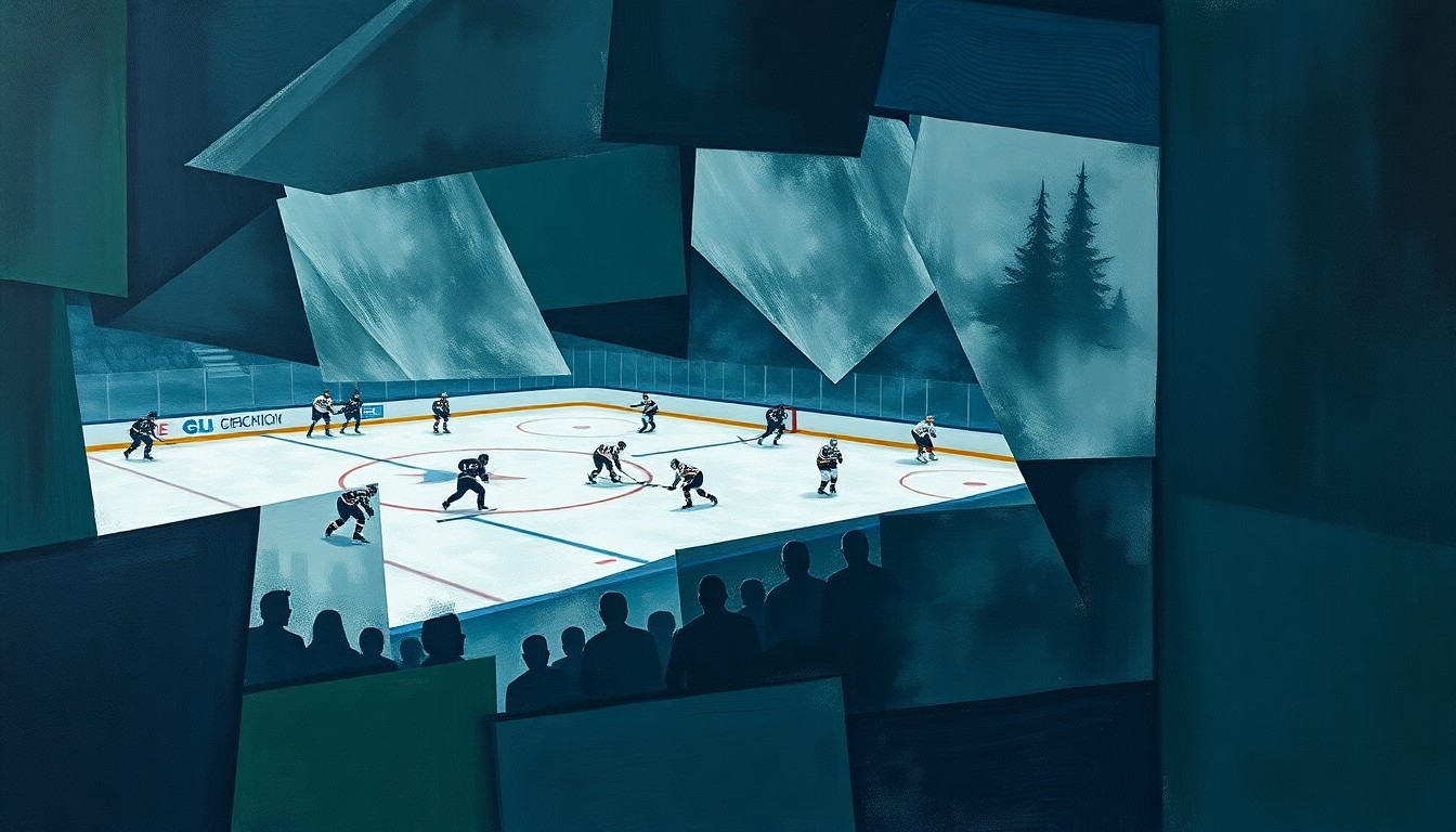 A cubist, geometric painting depicting a hockey game, with the players and ice rink broken down into sharp, overlapping planes of muted blue, green, and grey tones, capturing the dynamic and unconventional nature of the Canadiens' roster decisions.