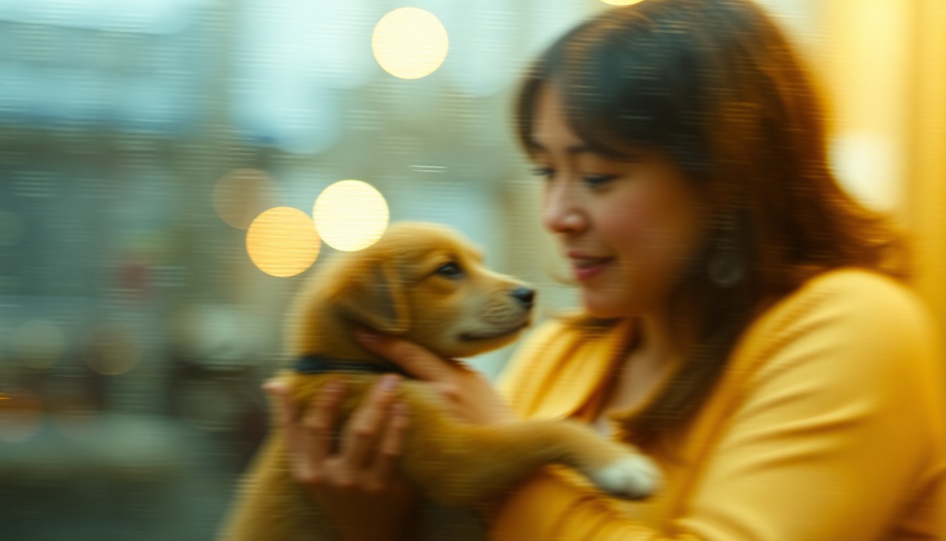 An abstract, out-of-focus photograph depicting a person gently interacting with a pet, conveying a sense of warmth, compassion, and the emotional impact of Sarah Fisher's life and work.