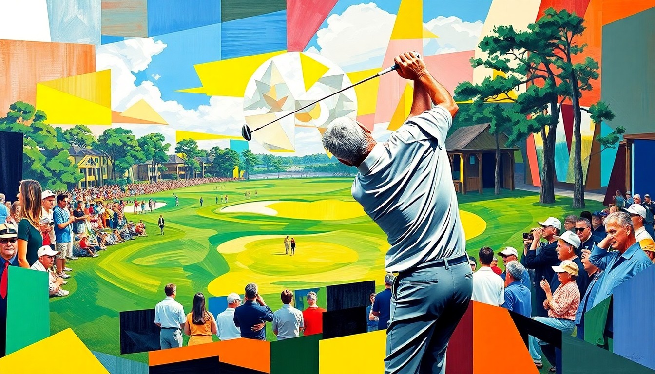 A fractured, multi-perspective painting depicting the final moments of Jack Nicklaus's 1986 Masters victory, with his iconic golf swing and the Augusta National landscape deconstructed into sharp, overlapping geometric planes that capture the raw energy and tension of the tournament's climactic finish.