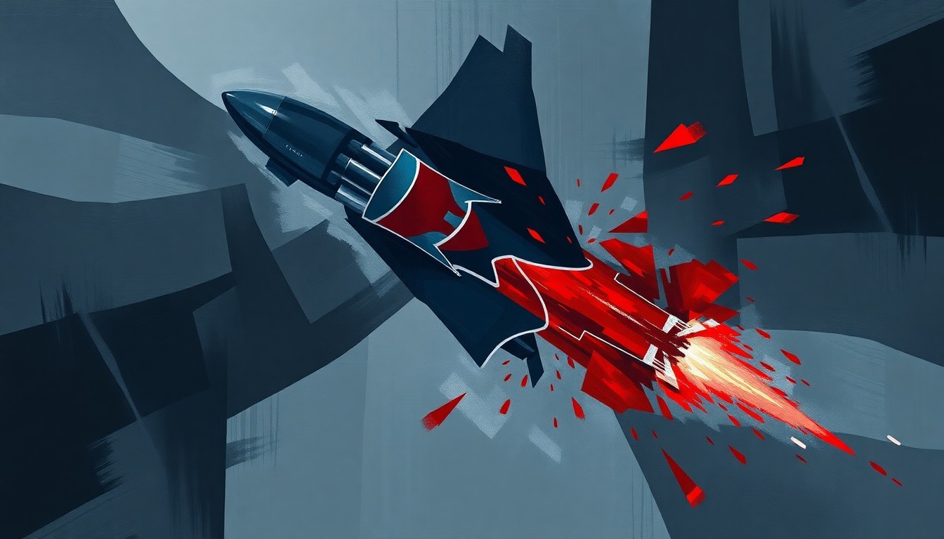 A fractured, abstract painting of a missile or drone in overlapping geometric shapes and waves of dark grey, navy blue, and crimson red, conveying the chaotic and damaging impact of the president's impulsive military actions.