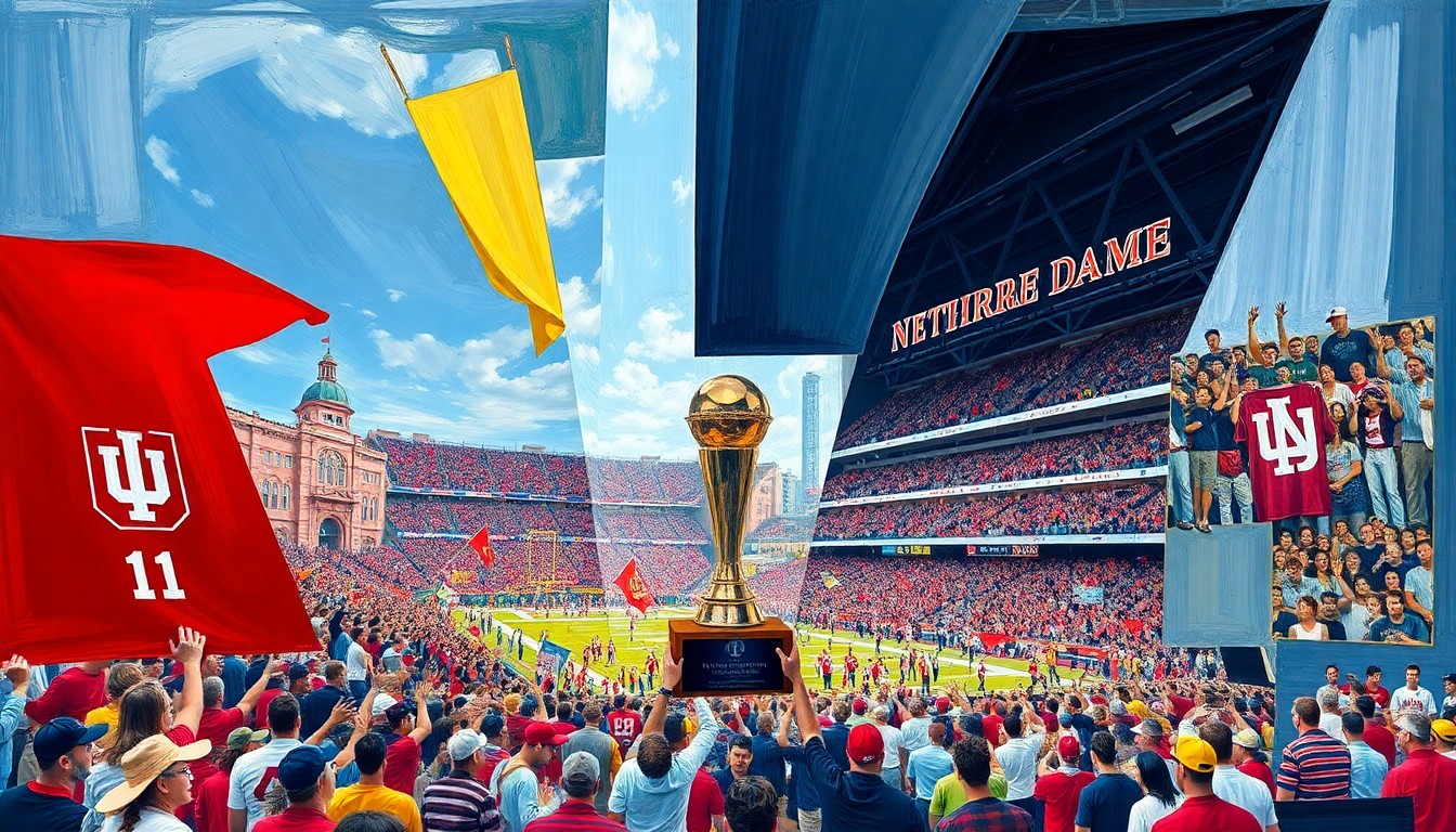 A fractured, cubist-style painting depicting the Indiana Hoosiers' national championship trophy display near Notre Dame Stadium, with sharp geometric shapes and planes in the team's official colors, capturing the energy and excitement of the event.