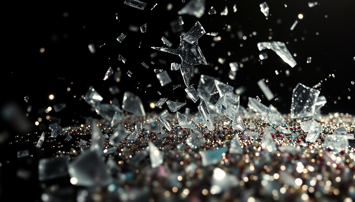 An extreme close-up of shattered glass and glittering sequins, captured in dramatic, high-contrast studio lighting to conceptually represent the industrial-meets-rave aesthetic of the Nine Inch Noize performance at Coachella.