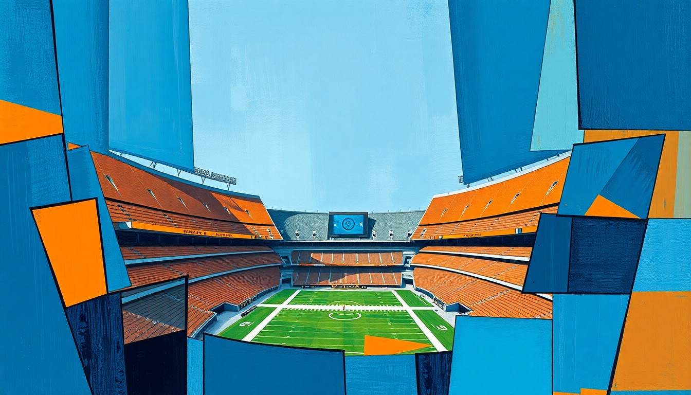 A cubist-style painting depicting the Raymond James Stadium broken down into sharp, overlapping geometric shapes in shades of blue, orange, and grey, conveying the concept of a major renovation and transformation of the iconic sports venue.