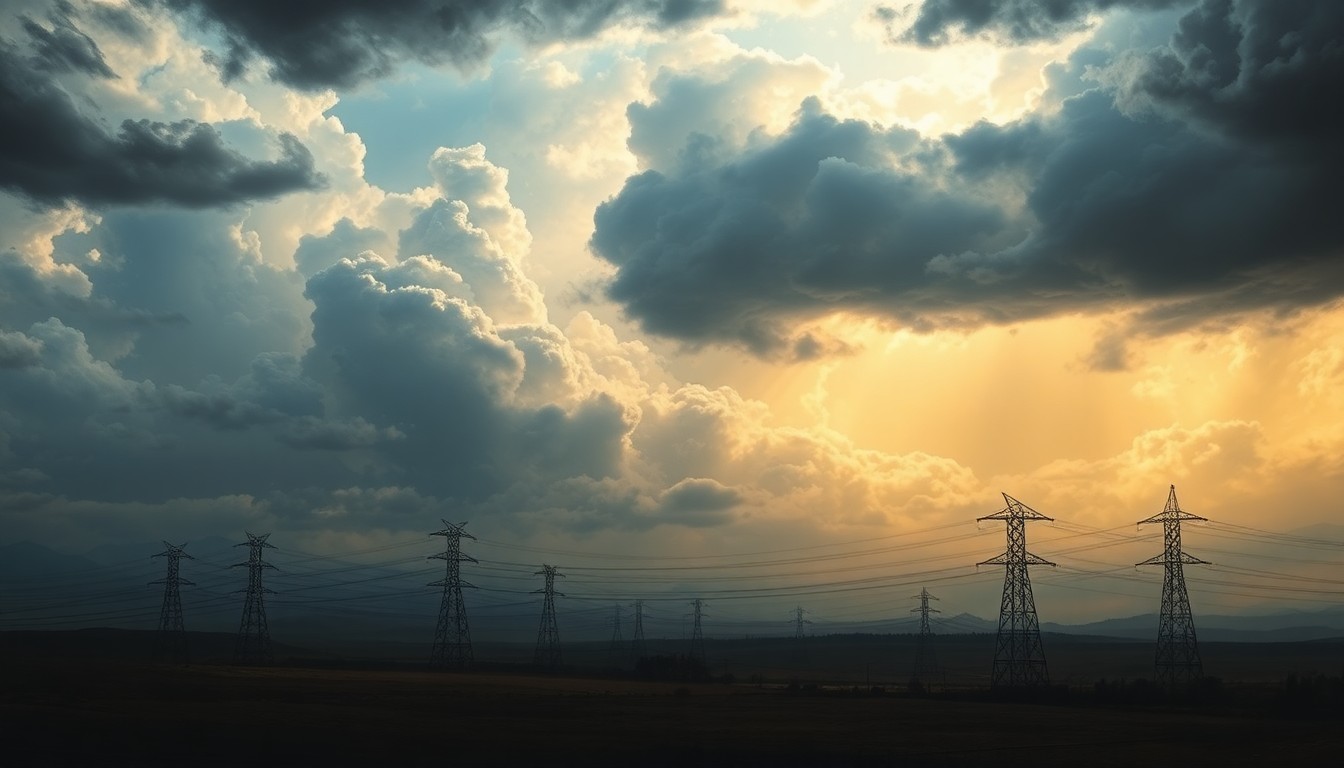 A vast, majestic landscape painting depicting a sweeping, atmospheric scene of a power grid infrastructure dwarfed by the overwhelming scale of a dramatic, stormy sky, conveying the sublime power of nature over human-built systems.