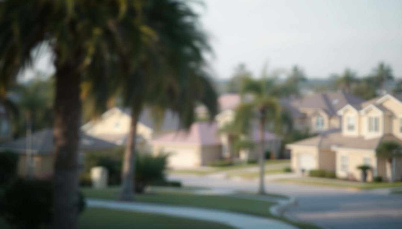 An abstract, out-of-focus photograph depicting a residential neighborhood in The Villages, Florida, with blurred palm trees and homes in the background, conveying a sense of hazy, dreamlike growth.