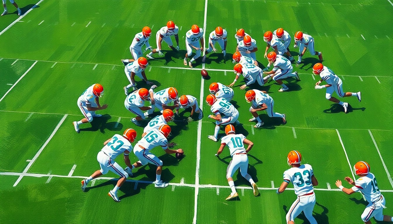 A cubist, geometric painting depicting the chaotic action of a college football scrimmage, with overlapping planes of green grass, white uniforms, and orange helmets.