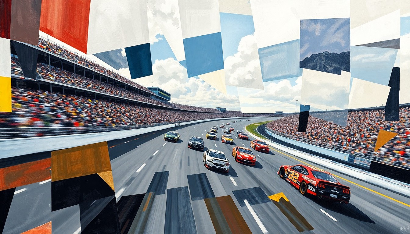 A cubist, geometric painting depicting the chaotic motion and speed of a NASCAR race at Bristol Motor Speedway, with sharp, overlapping planes of color and form.