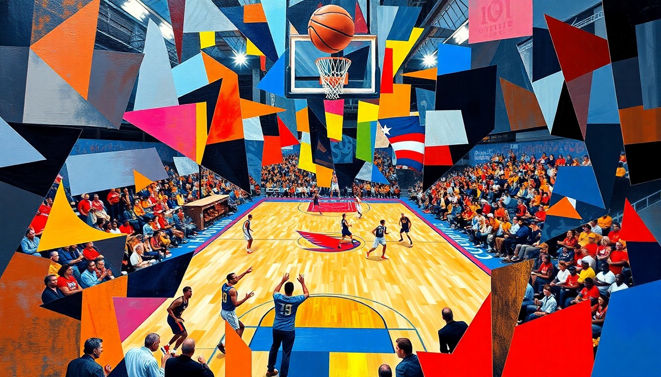 A fractured, multi-perspective painting depicting a high school basketball game, with the players' forms abstracted into angular shapes and planes of vibrant colors, and the court and crowd dissolving into a dynamic, kinetic composition.