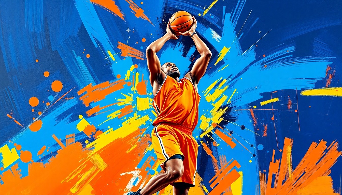 An abstract, energetic painting featuring explosive brushstrokes of neon orange, electric blue, and vibrant yellow, capturing the raw power and motion of a basketball player launching a 3-point shot.