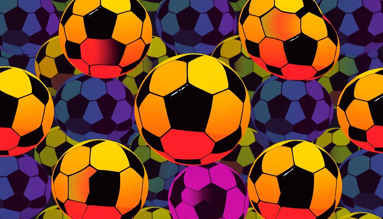 A highly stylized, abstract silkscreen print featuring a repeating pattern of a soccer ball in bright, neon-like colors, capturing the energy and excitement of a local sports event.