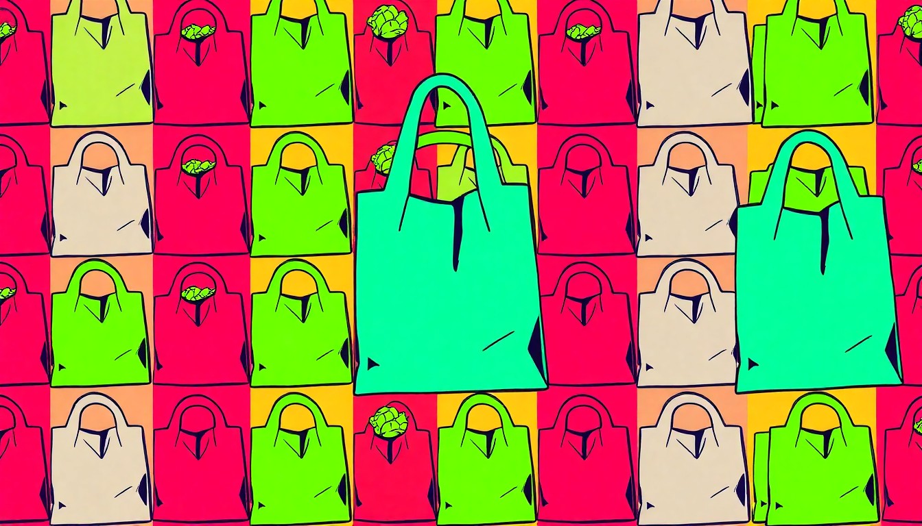 A high-contrast, silkscreen-style illustration of a reusable grocery bag repeated in a grid pattern, using bright neon colors and bold black outlines to capture the celebratory spirit of a community-focused retail milestone.