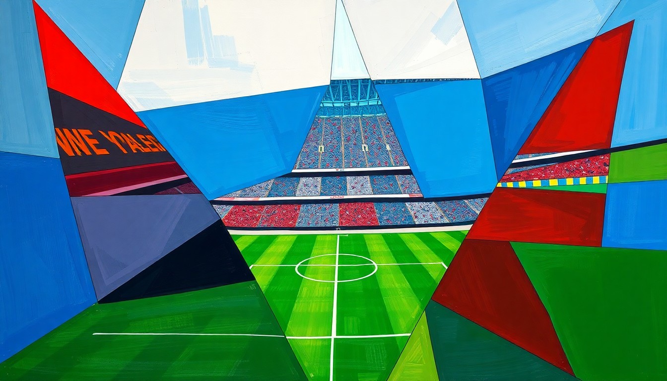 A fragmented, geometric painting depicting the dynamic movements and energy of a soccer match, with players and the field deconstructed into sharp, overlapping planes of color.