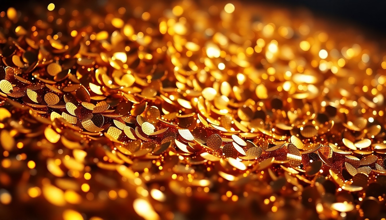 An extreme close-up photograph of shimmering gold sequins and sparkling disco ball fragments, reflecting dramatic studio lighting to capture the glamour and energy of a music industry celebration.