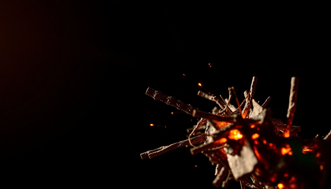 An extreme close-up of a charred, twisted piece of metal debris from a fireworks explosion, conceptually illustrating the devastation caused by the incident.