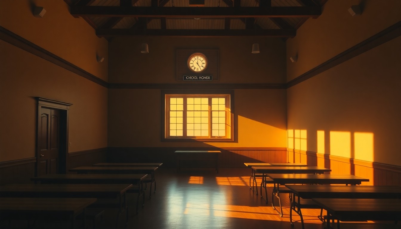 A dimly lit, cinematic interior scene of an empty school committee meeting room, with warm sunlight streaming through the windows and casting deep shadows across the chairs and desks, conveying a sense of quiet contemplation and civic responsibility.