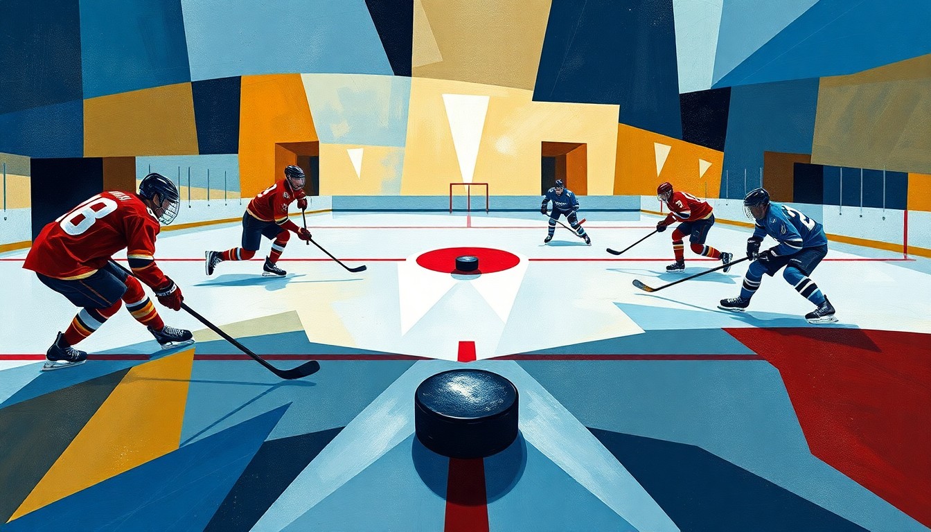 A cubist, geometric painting depicting a hockey game, with the players and ice reduced to abstract shapes and planes of color, the puck as the central focus.